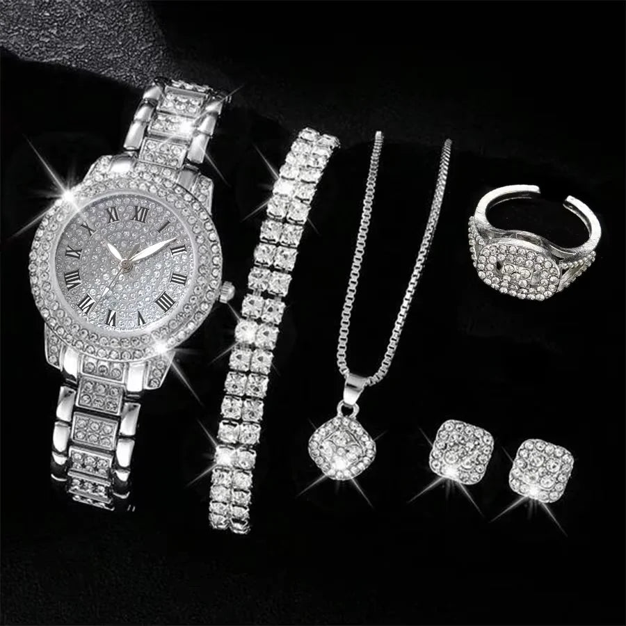 6PCS/Set Luxury Full Diamond Women Watches Fashion Ladies Quartz Wristwatch Jewelry Set Reloj Mujer（Without Box）