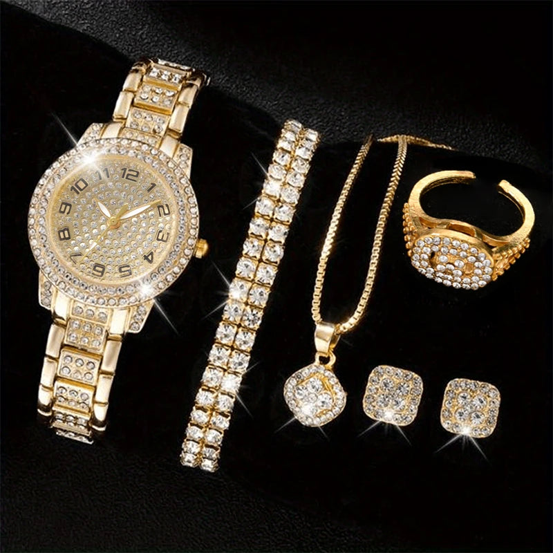 6PCS/Set Luxury Full Diamond Women Watches Fashion Ladies Quartz Wristwatch Jewelry Set Reloj Mujer（Without Box）