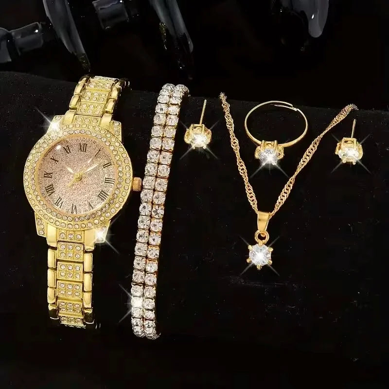 6PCS/SET Silver Women's Watch Business Leisure Element Watch Luxury Dial Quartz Watch Jewelry Set Gift For Her