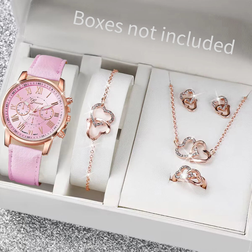 5/6PCS Luxury Women Watches Jewelry Set Fashion Roma Dial Ladies Leather Band Quartz Watch Relogios Feminino（Without Box）