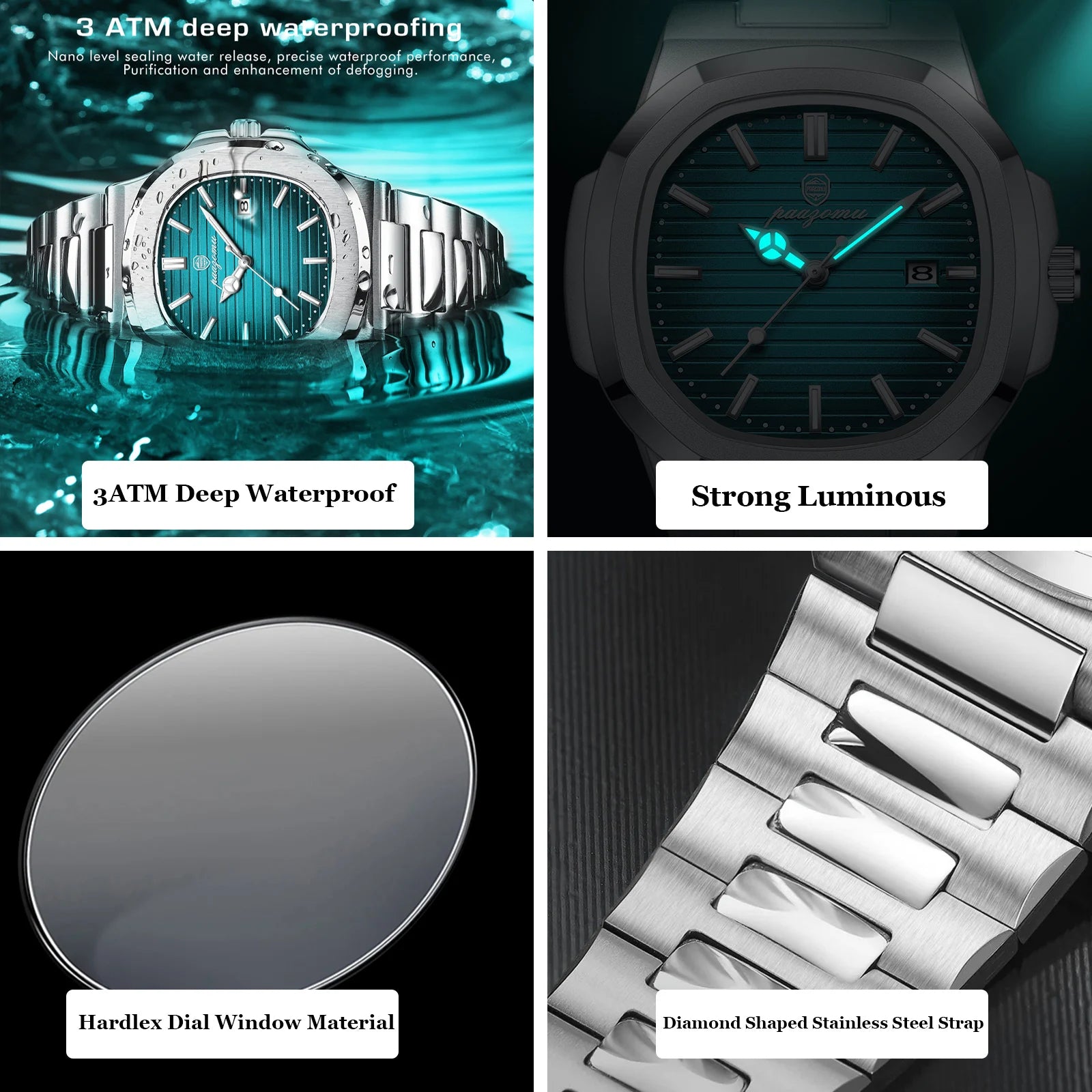 PAAZOMU Luxury Watch Business Waterproof Male Clock Luminous Date Stainless Steel Square Quartz Men Watch reloj hombre 2024 New