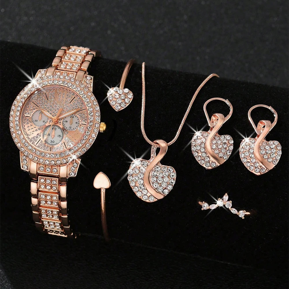Women's Quartz Watch Gold Luxury Women Ring Necklace Earring Rhinestone Fashion Wristwatch Casual Ladies Watches Jewelry Set ﻿