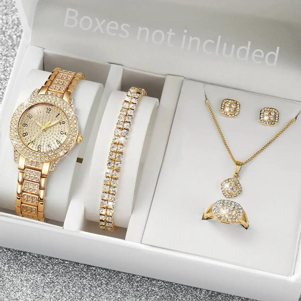 6PCS/Set Luxury Full Diamond Women Watches Fashion Ladies Quartz Wristwatch Jewelry Set Reloj Mujer（Without Box）