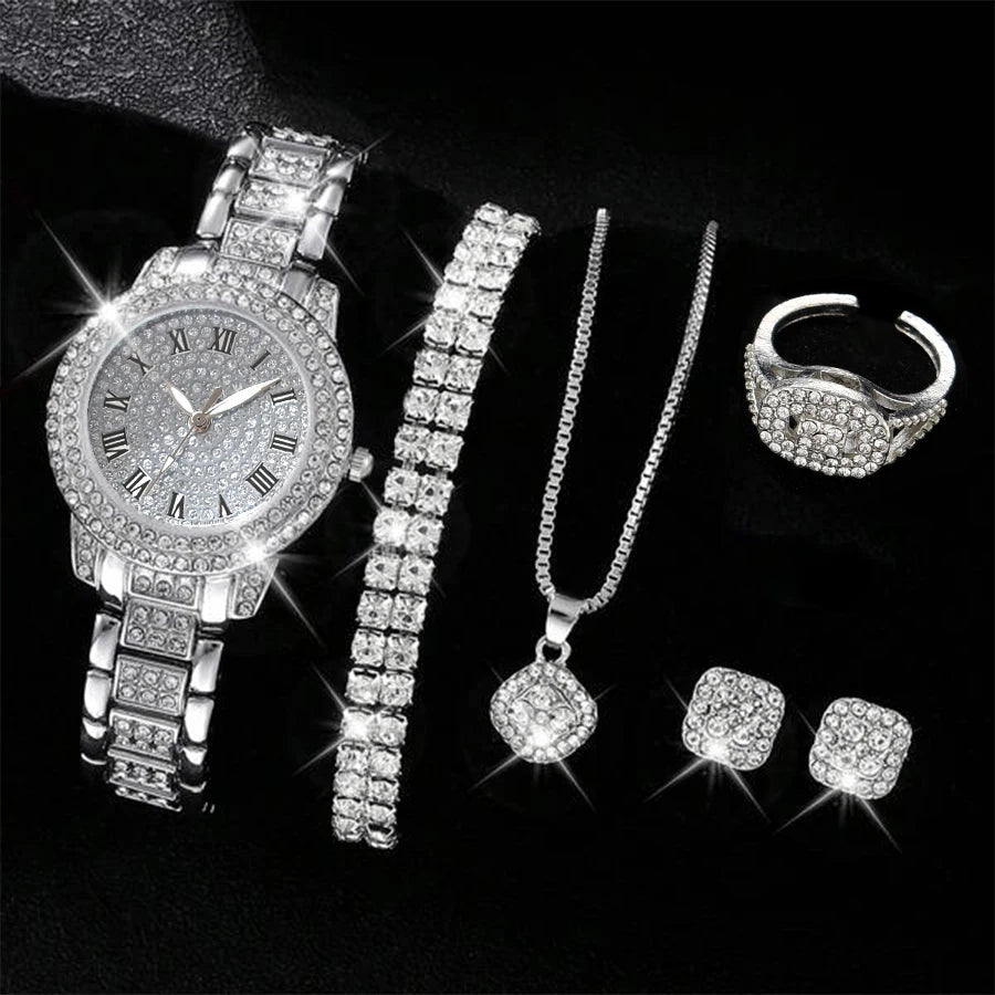 6PCS/Set Luxury Full Diamond Women Watches Fashion Ladies Quartz Wristwatch Jewelry Set Reloj Mujer（Without Box）