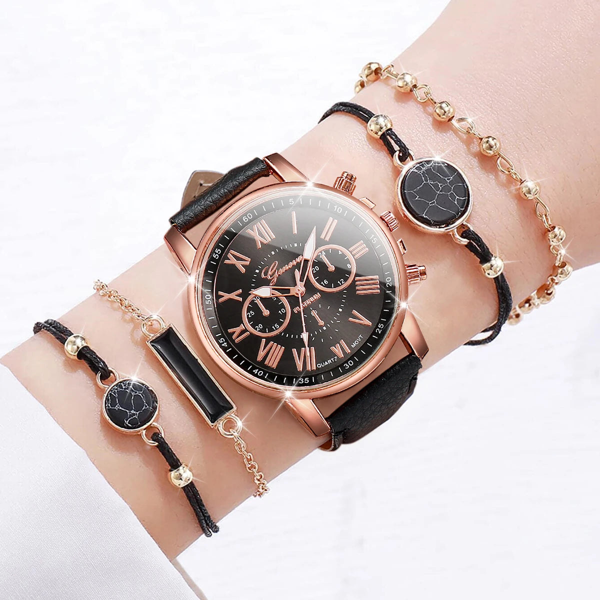 5/6PCS Luxury Women Watches Jewelry Set Fashion Roma Dial Ladies Leather Band Quartz Watch Relogios Feminino（Without Box）