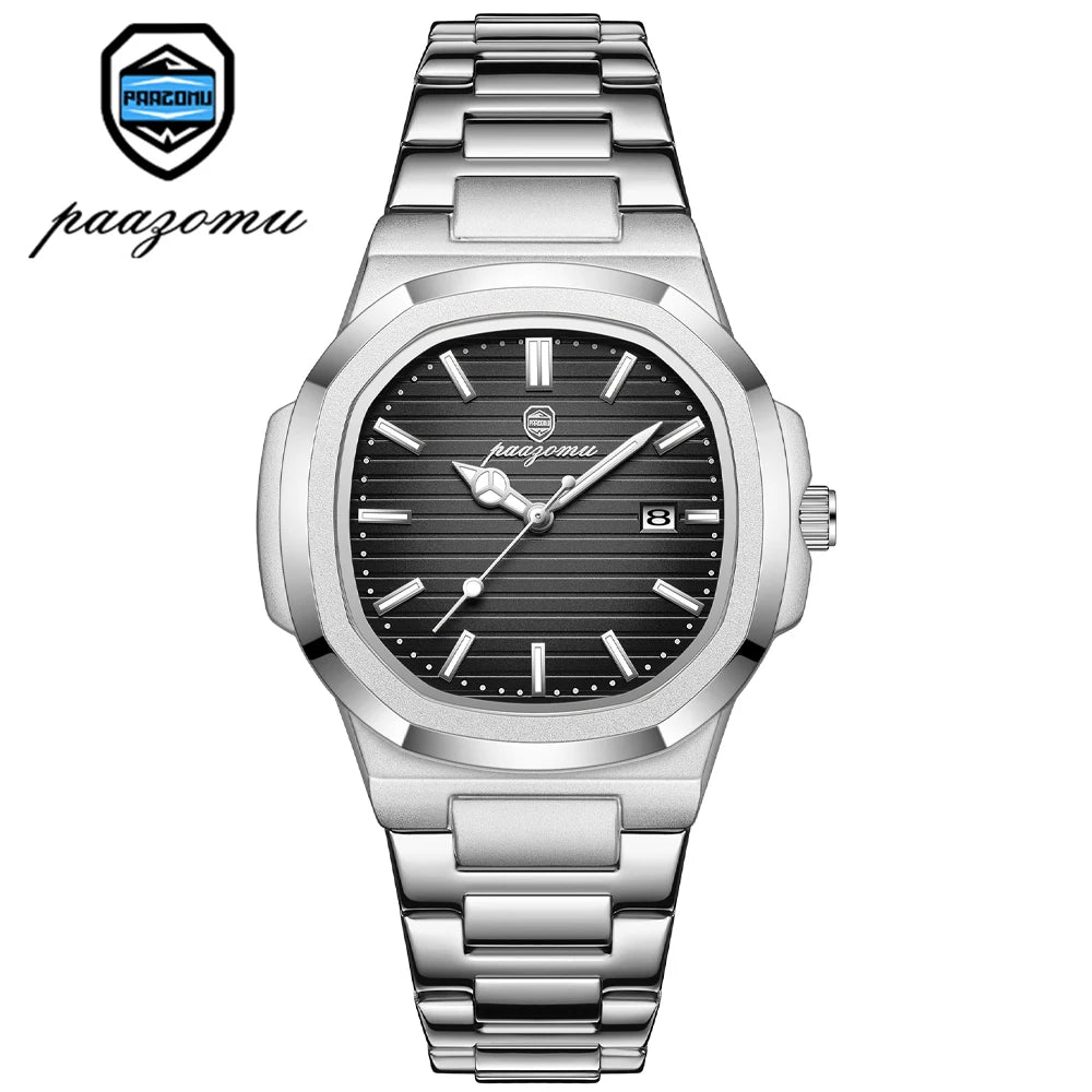 PAAZOMU Luxury Watch Business Waterproof Male Clock Luminous Date Stainless Steel Square Quartz Men Watch reloj hombre 2024 New