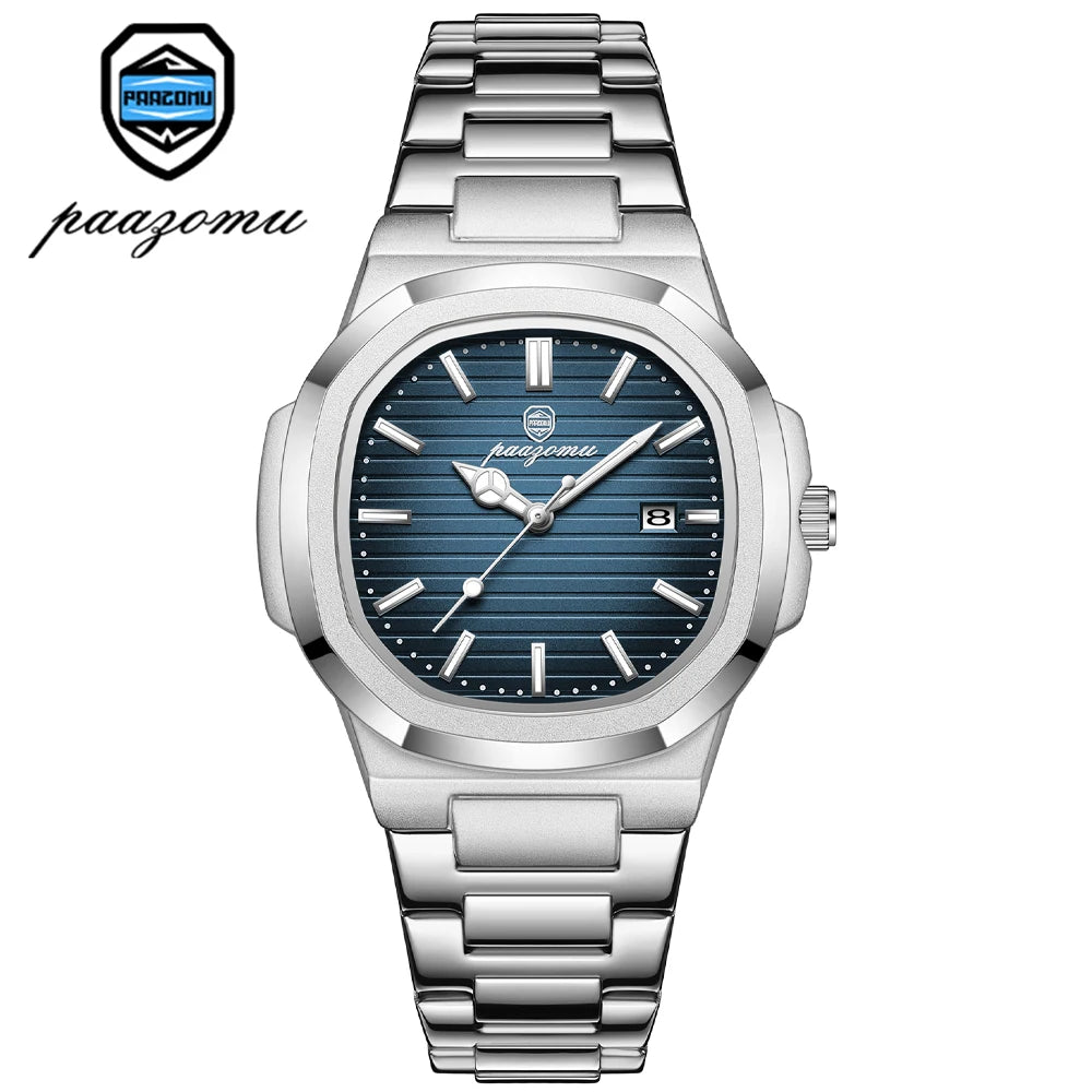 PAAZOMU Luxury Watch Business Waterproof Male Clock Luminous Date Stainless Steel Square Quartz Men Watch reloj hombre 2024 New