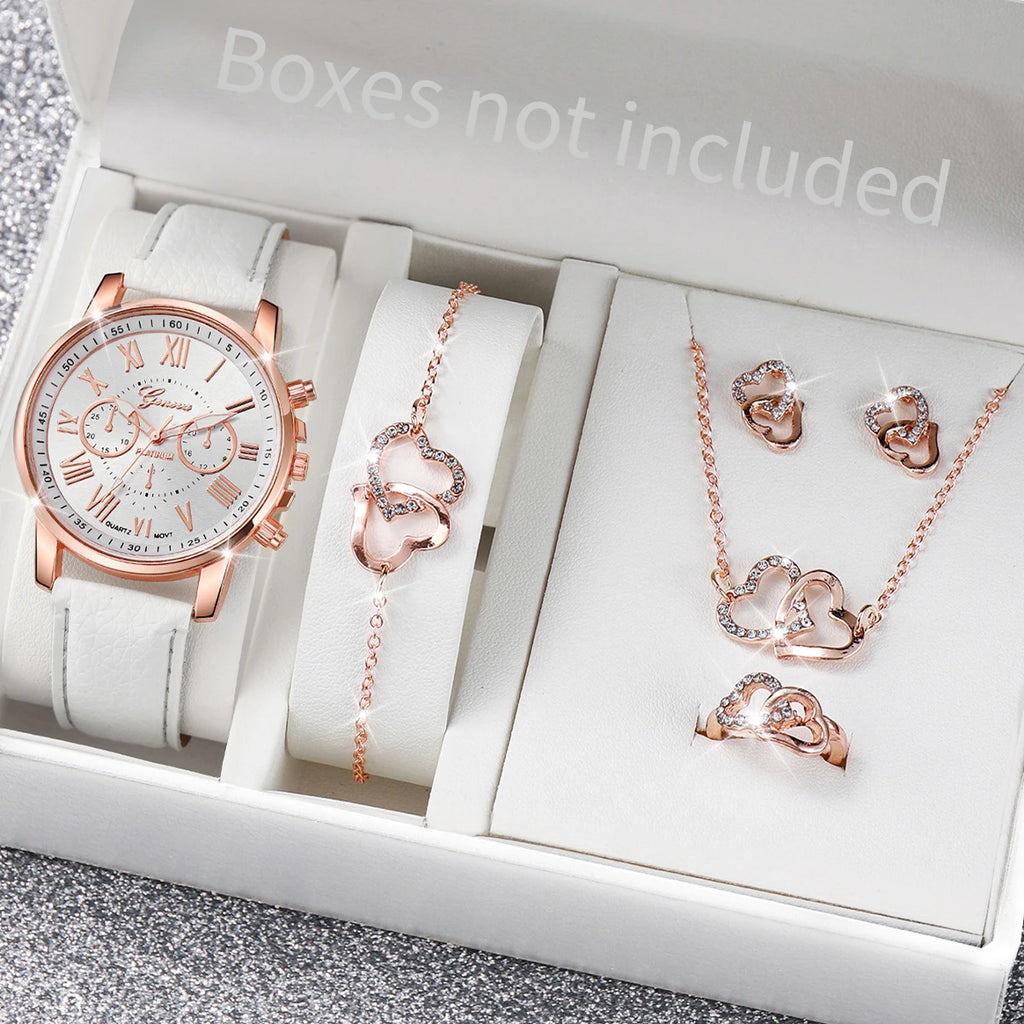5/6PCS Luxury Women Watches Jewelry Set Fashion Roma Dial Ladies Leather Band Quartz Watch Relogios Feminino（Without Box）