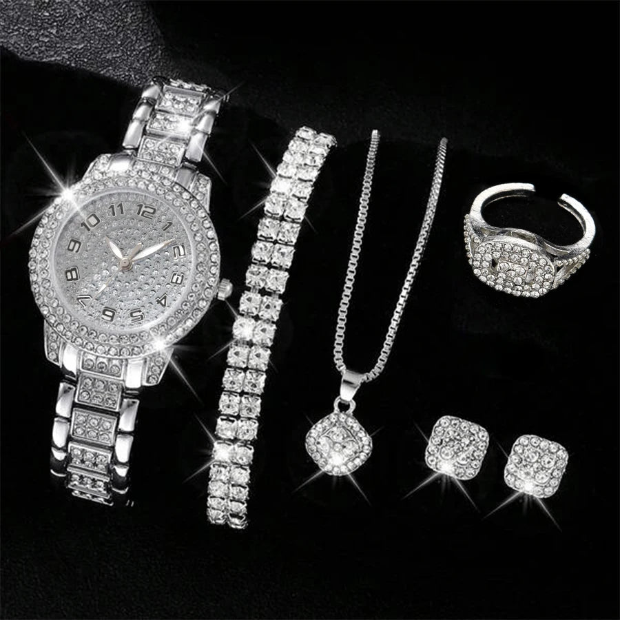 6PCS/Set Luxury Full Diamond Women Watches Fashion Ladies Quartz Wristwatch Jewelry Set Reloj Mujer（Without Box）