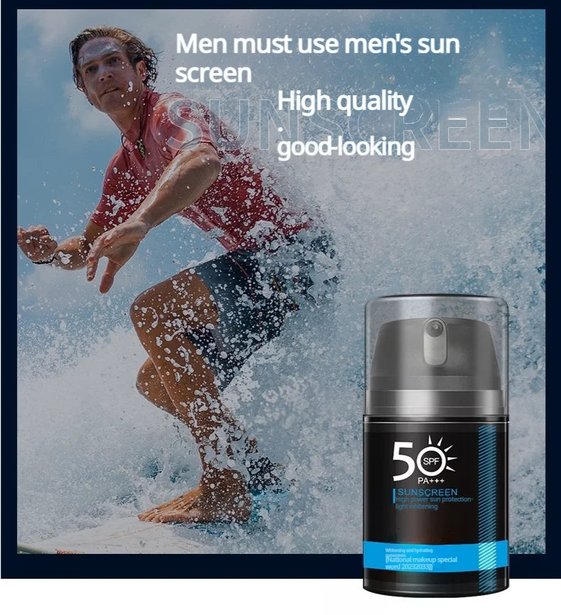 Men's exclusive outdoor sunscreen SPF50+ for protecting against UV rays, refreshing and hydrating, suitable for the entire body.