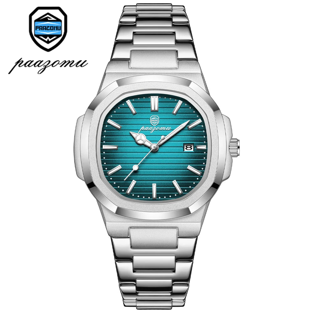 PAAZOMU Luxury Watch Business Waterproof Male Clock Luminous Date Stainless Steel Square Quartz Men Watch reloj hombre 2024 New