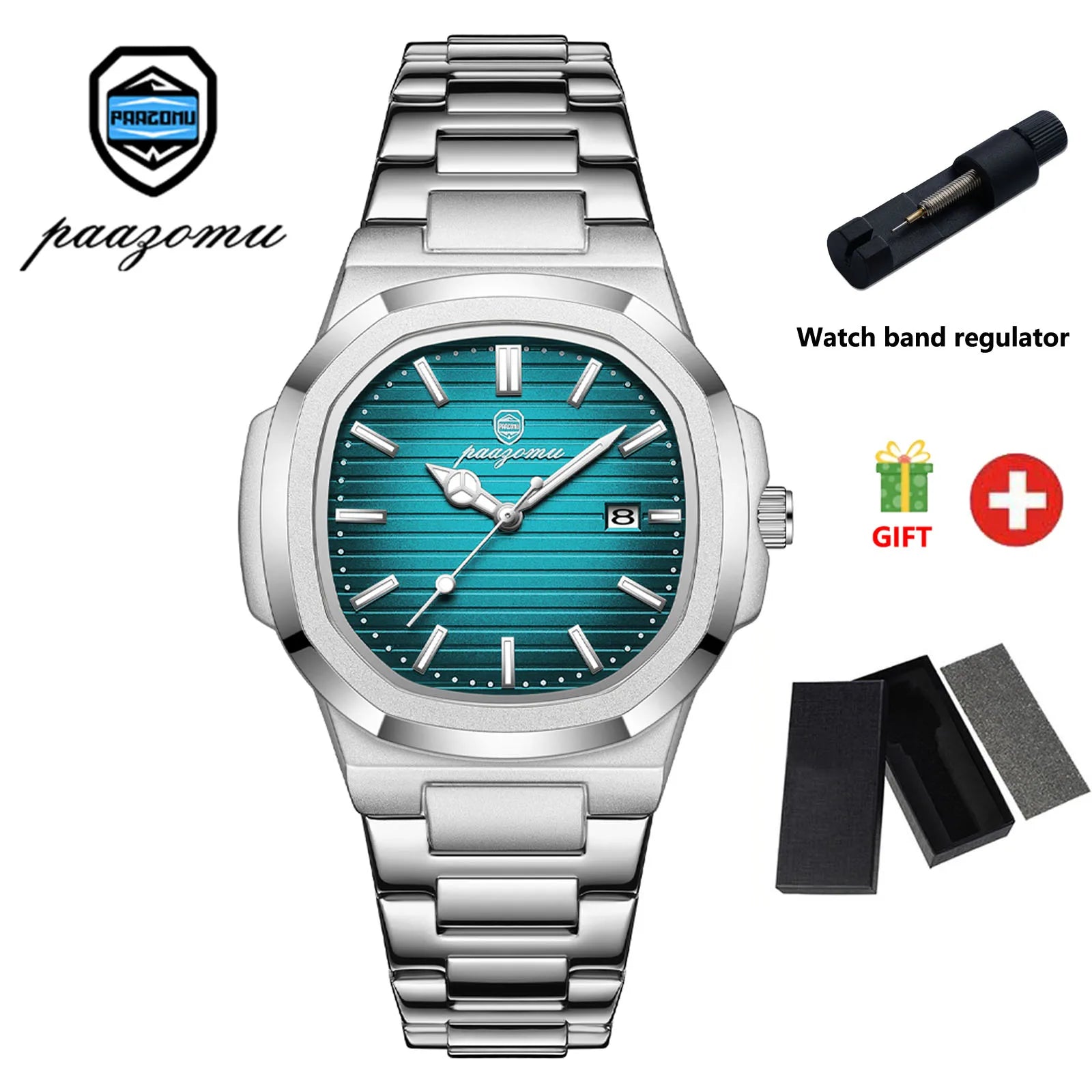 PAAZOMU Luxury Watch Business Waterproof Male Clock Luminous Date Stainless Steel Square Quartz Men Watch reloj hombre 2024 New