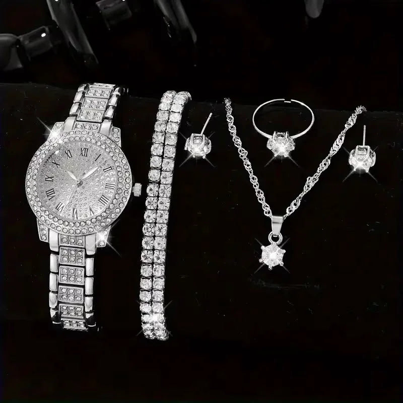 6PCS/Set Luxury Full Diamond Women Watches Fashion Ladies Quartz Wristwatch Jewelry Set Reloj Mujer（Without Box）