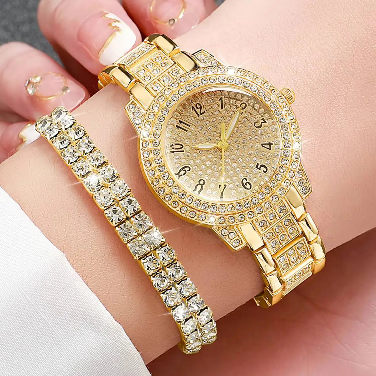 6PCS/Set Luxury Full Diamond Women Watches Fashion Ladies Quartz Wristwatch Jewelry Set Reloj Mujer（Without Box）