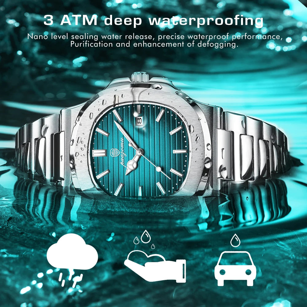 PAAZOMU Luxury Watch Business Waterproof Male Clock Luminous Date Stainless Steel Square Quartz Men Watch reloj hombre 2024 New