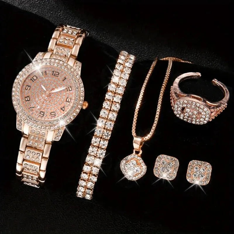 6PCS/Set Luxury Full Diamond Women Watches Fashion Ladies Quartz Wristwatch Jewelry Set Reloj Mujer（Without Box）