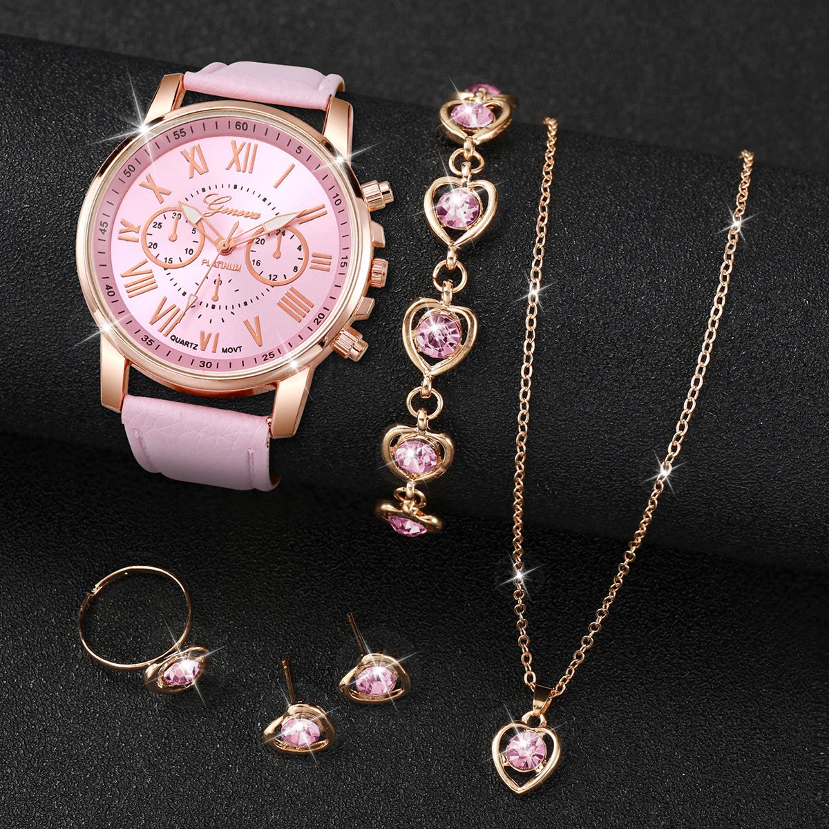 5/6PCS Luxury Women Watches Jewelry Set Fashion Roma Dial Ladies Leather Band Quartz Watch Relogios Feminino（Without Box）