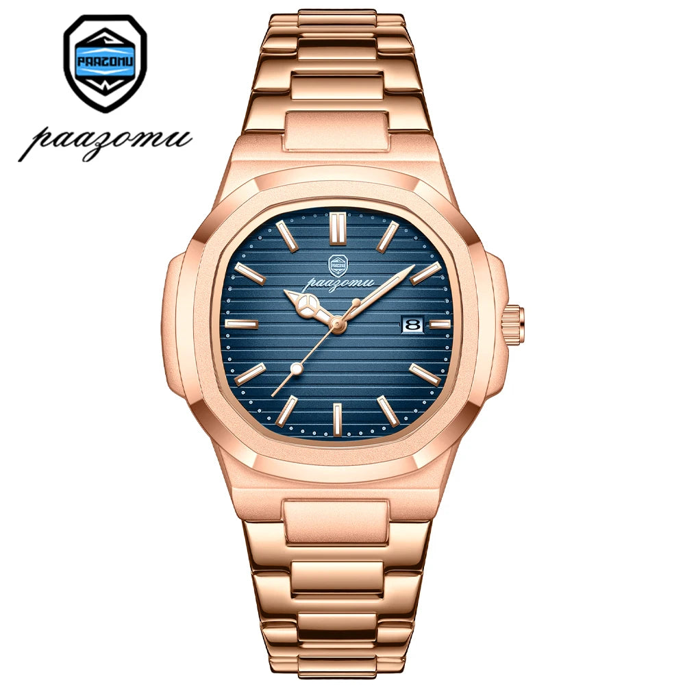 PAAZOMU Luxury Watch Business Waterproof Male Clock Luminous Date Stainless Steel Square Quartz Men Watch reloj hombre 2024 New