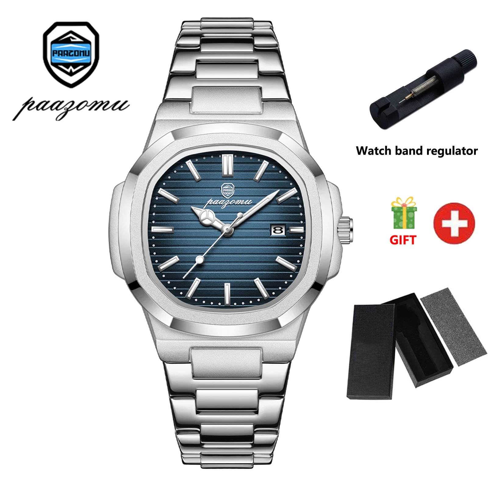 PAAZOMU Luxury Watch Business Waterproof Male Clock Luminous Date Stainless Steel Square Quartz Men Watch reloj hombre 2024 New