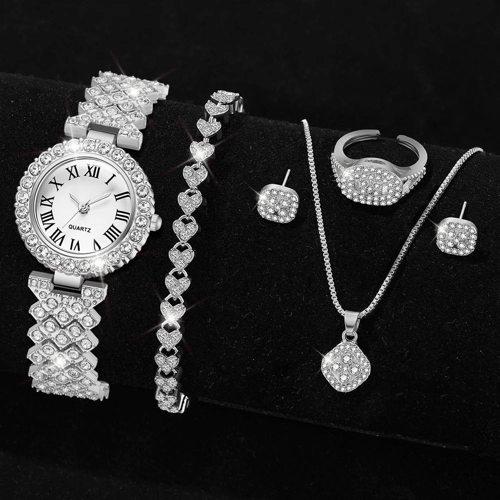 6PCS/Set Luxury Full Diamond Women Watches Fashion Ladies Quartz Wristwatch Jewelry Set Reloj Mujer（Without Box）